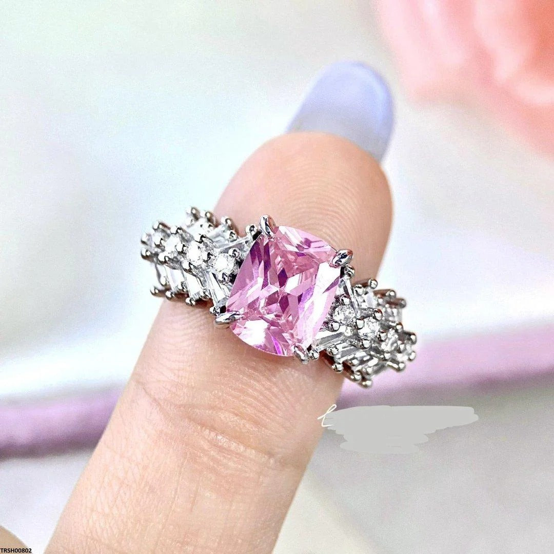 Pink Cushion Adjustable Ring – Silver/Rhodium Plated with Cubic Zirconia