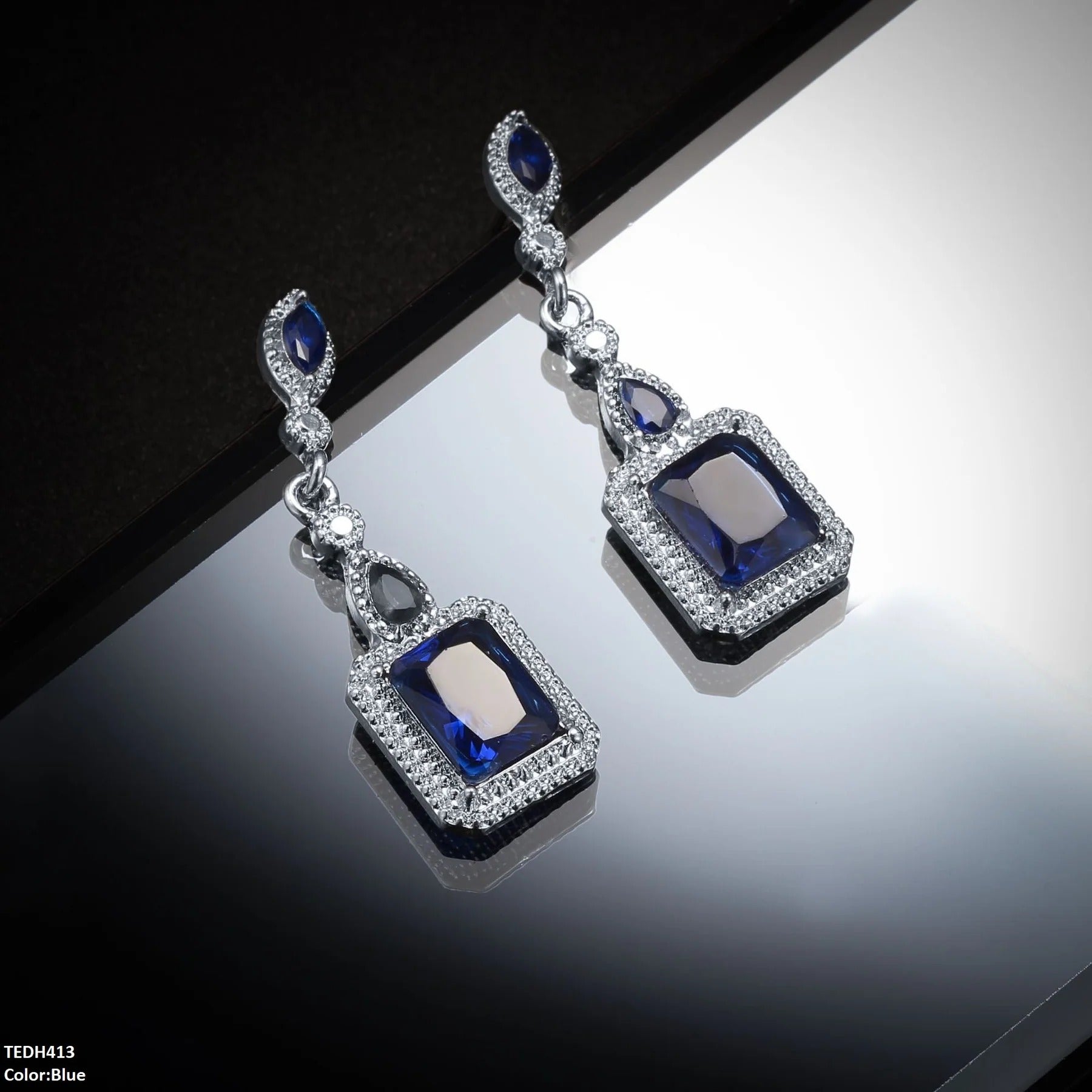 Silver Marquise & Square Drop Earrings – Geometric Elegance