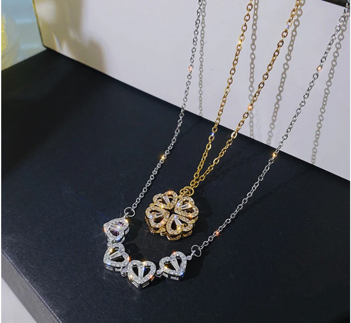 Magnetic Folding Heart Shaped Four Leaf Cover Pendant Necklace